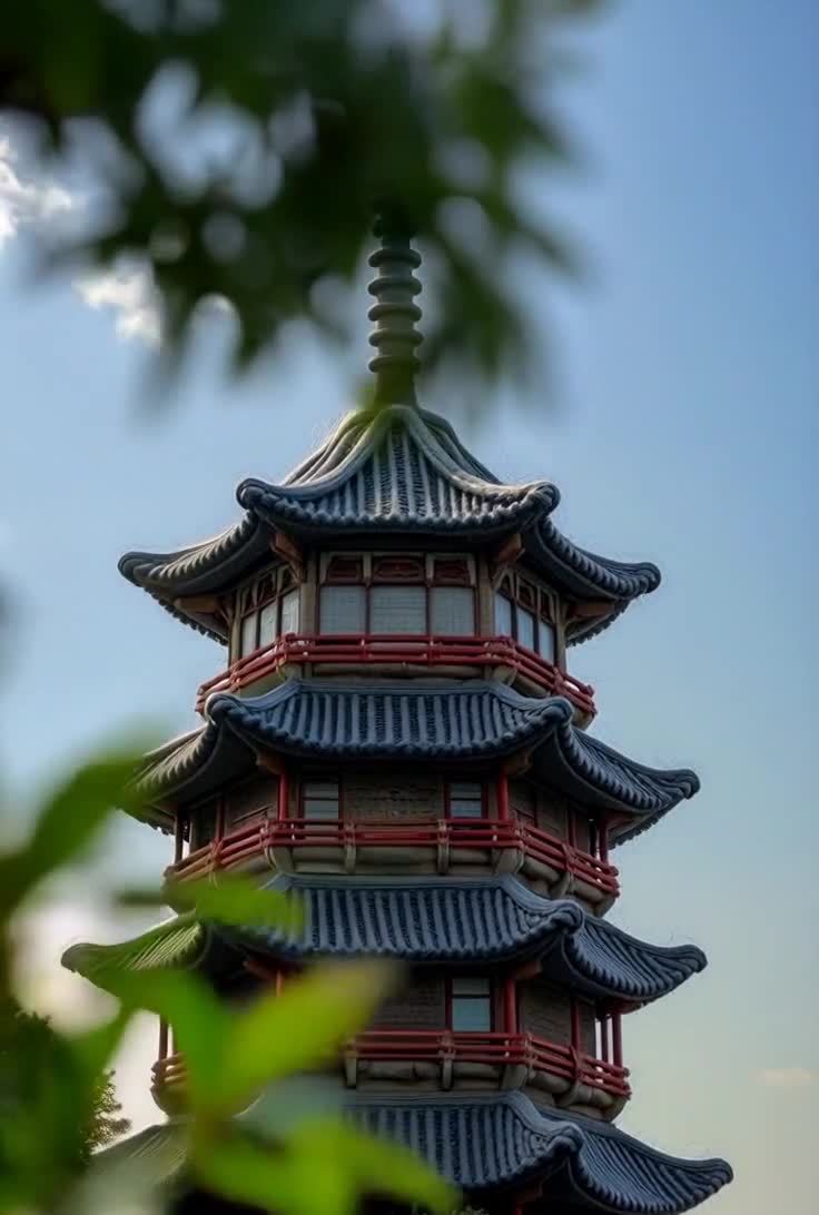 一座多层宝塔矗立在画面中央，塔身呈棕色，每层屋檐采