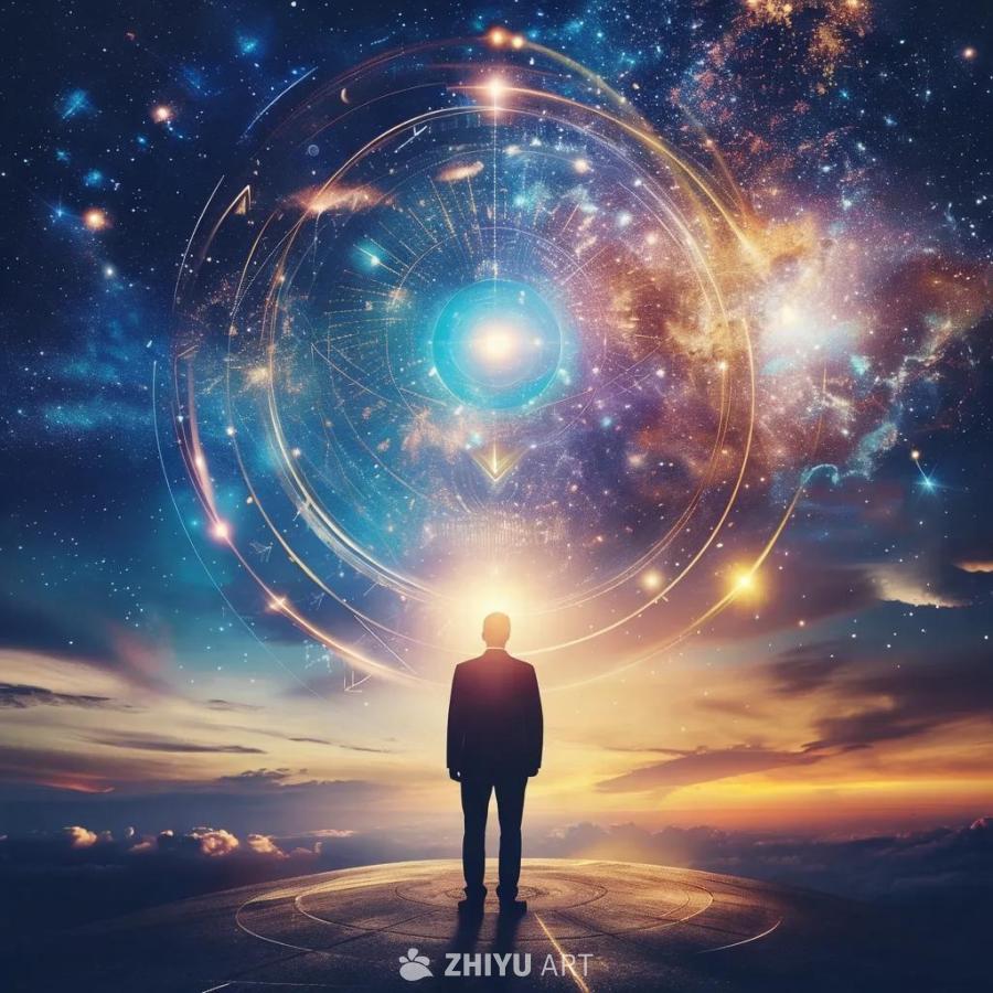 一个人站在一个圆形平台上，背对着观众。他穿着深色西