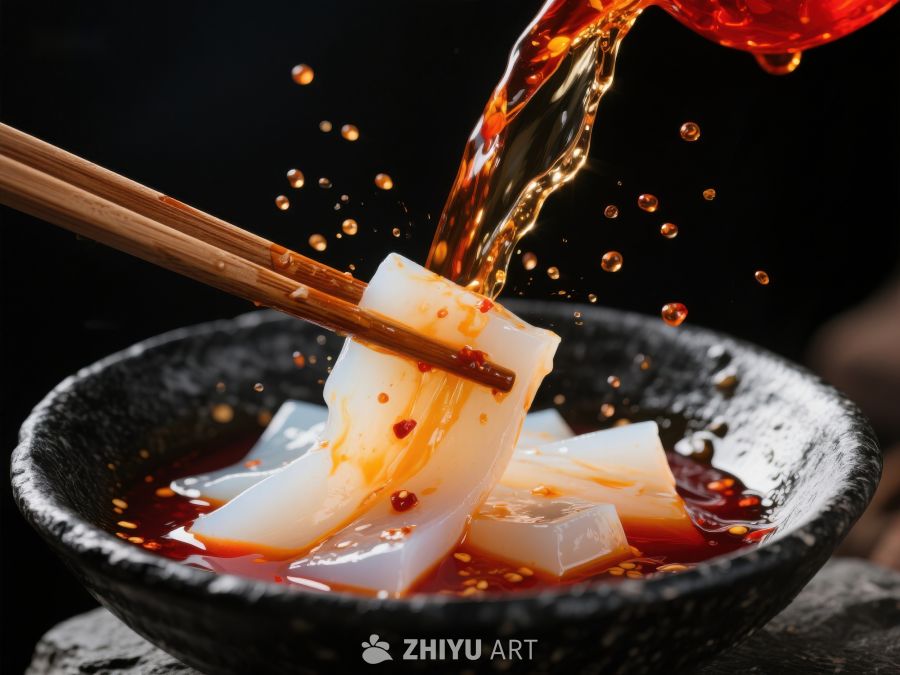 筷子夹取凉粉，酱汁倾泻而下 735