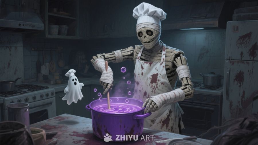 骷髅厨师在厨房烹饪紫色液体