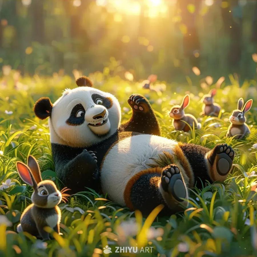 一片宁静的草地上，一只放松的熊猫伸展开四肢躺着，周