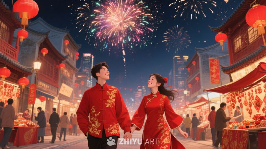 情侣身着传统服饰漫步烟花夜市 78