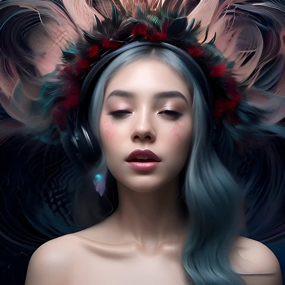 一位女性脸部居中，戴着黑色头带和装饰有红色花朵的头