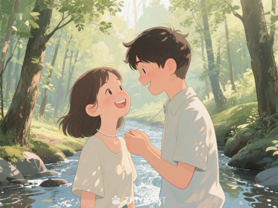 林间溪旁，少年为少女戴上项链 482