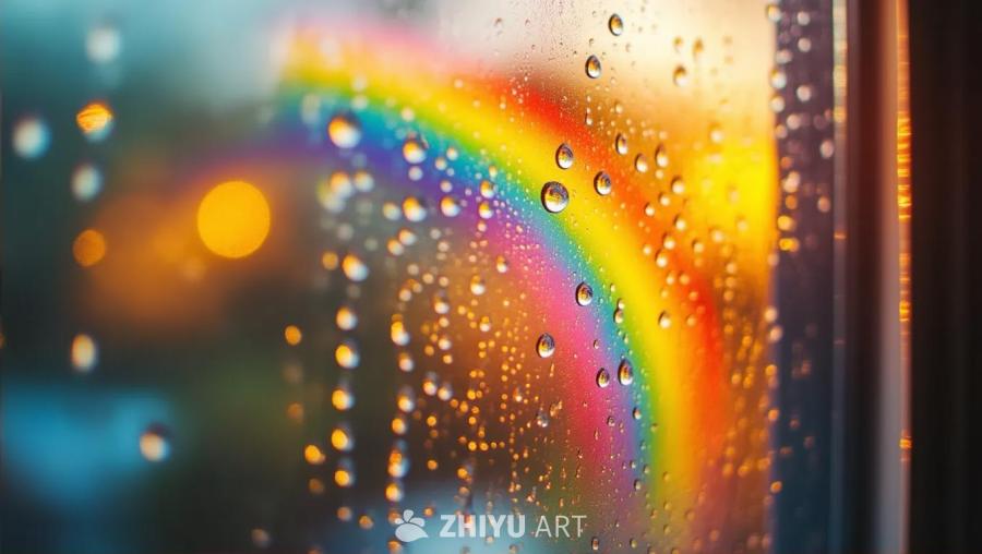 窗户上有雨滴，前景中可见彩虹，背景模糊，柔和的光线