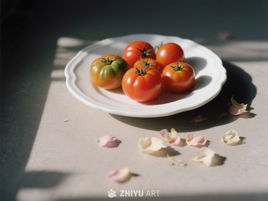盘中番茄与花瓣的静谧光影 210