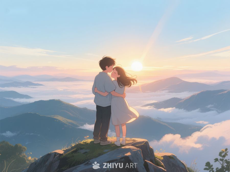 山顶情侣拥抱，共赏日出美景 632