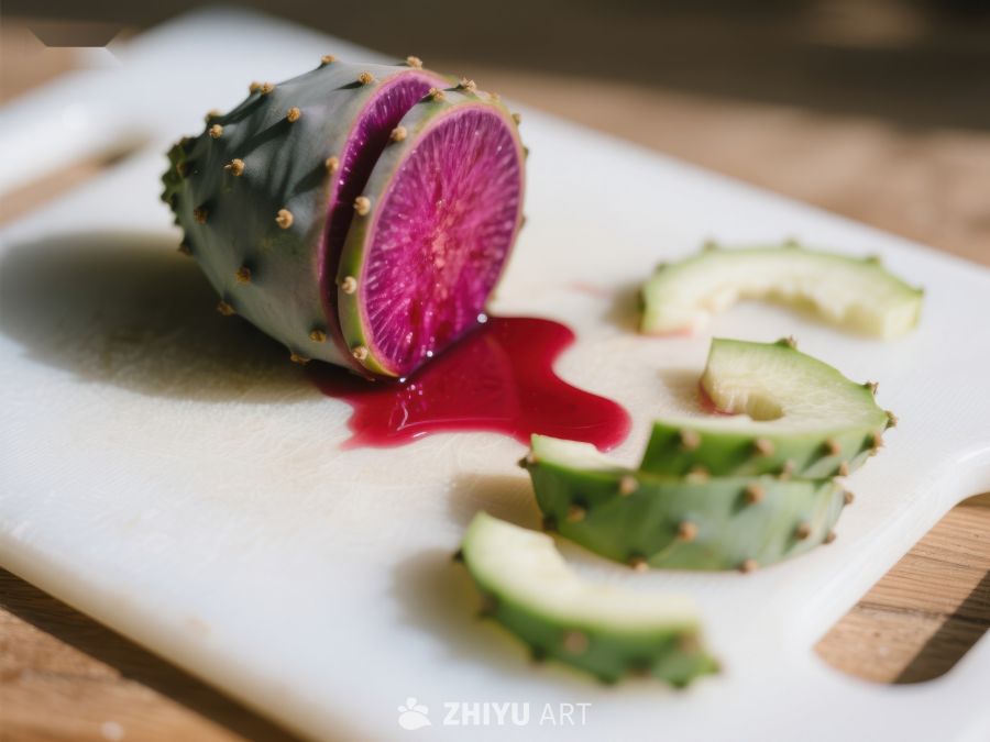 切开的仙人掌果实，流出鲜艳红色汁液 404