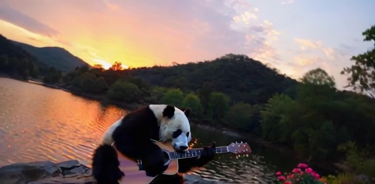 一只大熊猫坐在湖边的岩石上，它抱着一把吉他，双手放