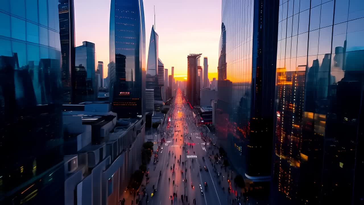 城市高楼林立，街道上车辆和行人穿梭。天空呈现日落时