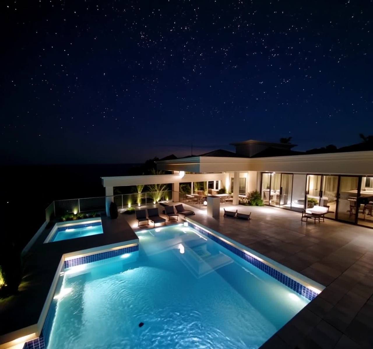 星空下的豪华别墅泳池夜景