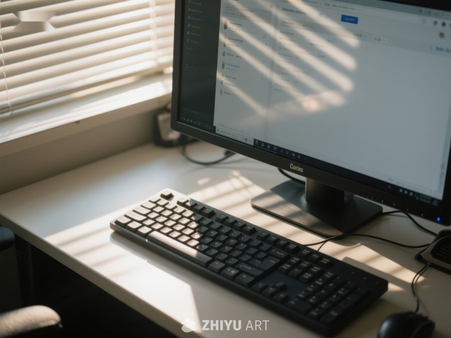 阳光洒在办公桌上的电脑与键盘 401