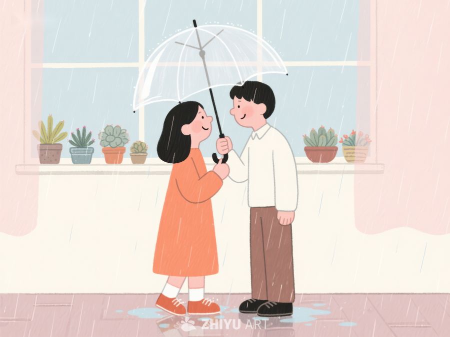 雨中共享透明伞的温馨时刻 1145