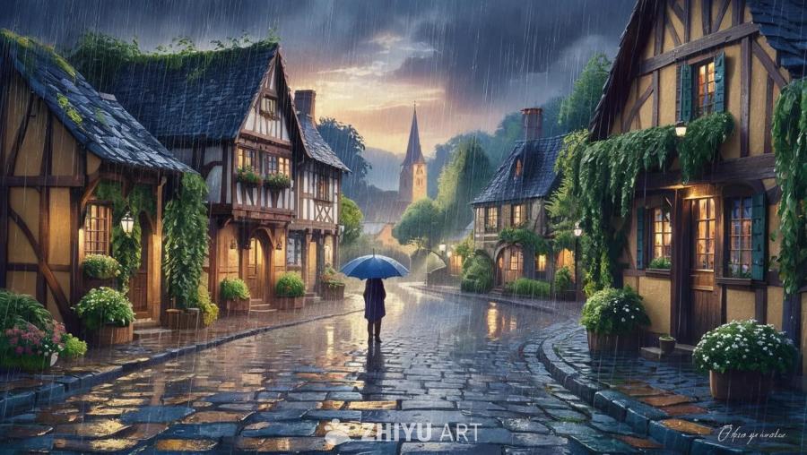 雨中的村庄，鹅卵石街道在细雨中闪闪发光，反射着清晨