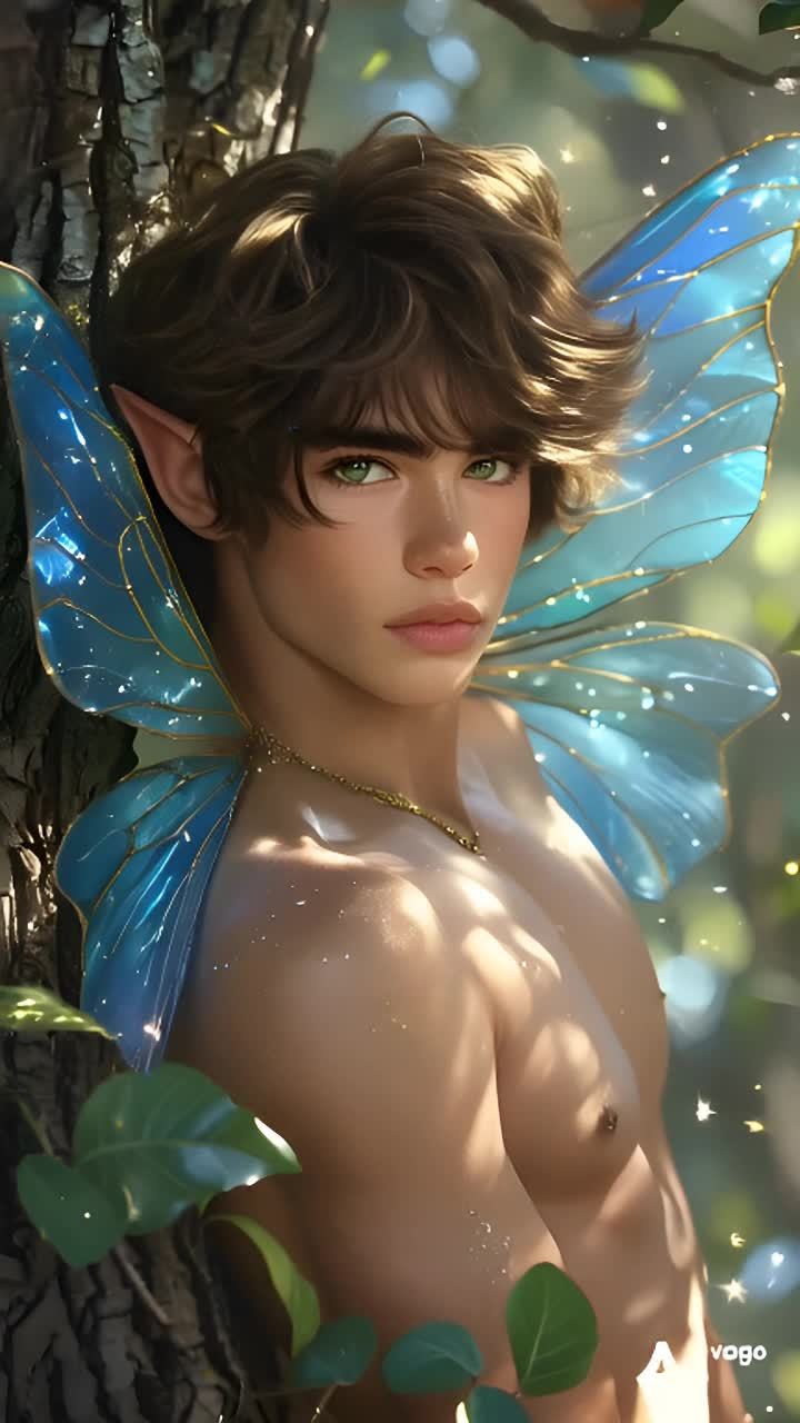 一个男性精灵有着卷曲的棕色头发，绿色的眼睛，耳朵尖