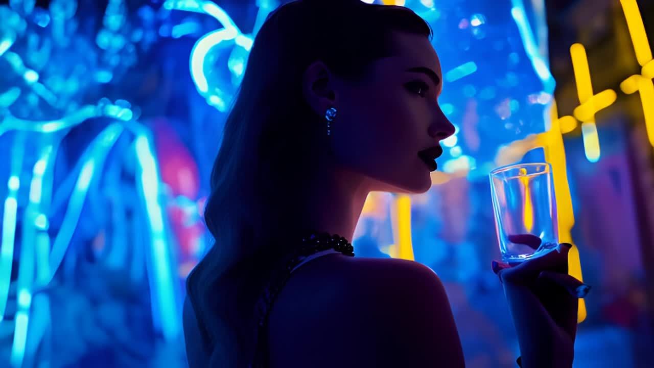 一位美丽的女士站在一个充满魔力的霓虹灯场所，周围是