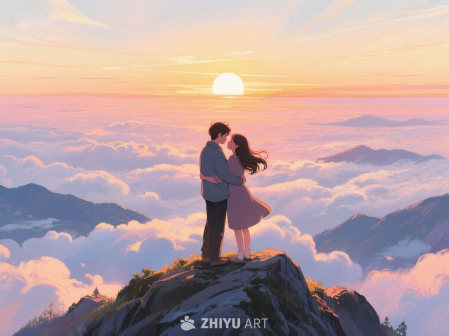 山顶情侣拥抱，云海日落美景 659