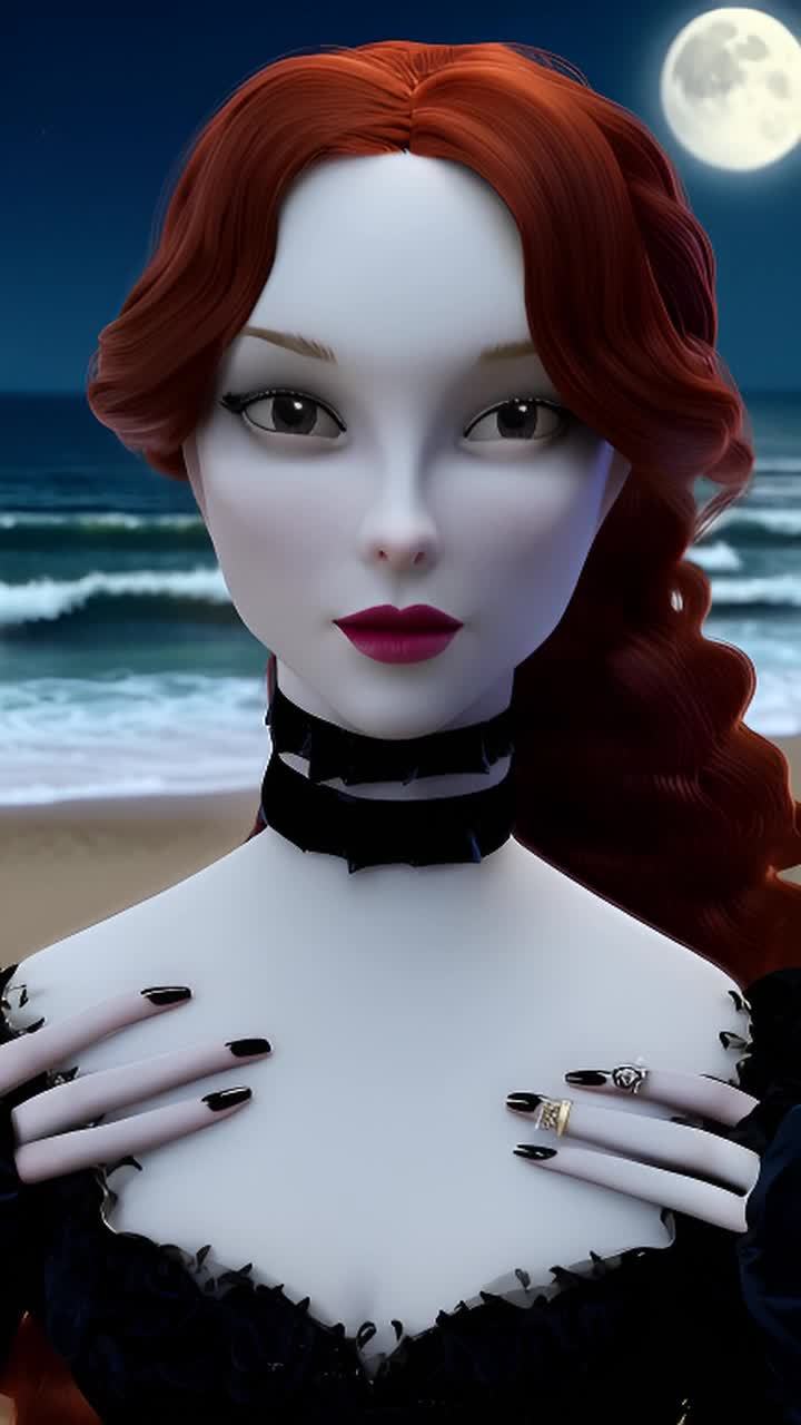 一位皮肤白皙的年轻女性，留着红色波浪长发，身穿黑色