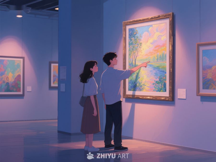 美术馆内两人观赏画作 478