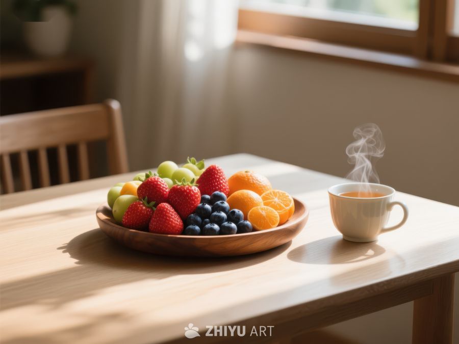早餐桌上的水果与热饮 770