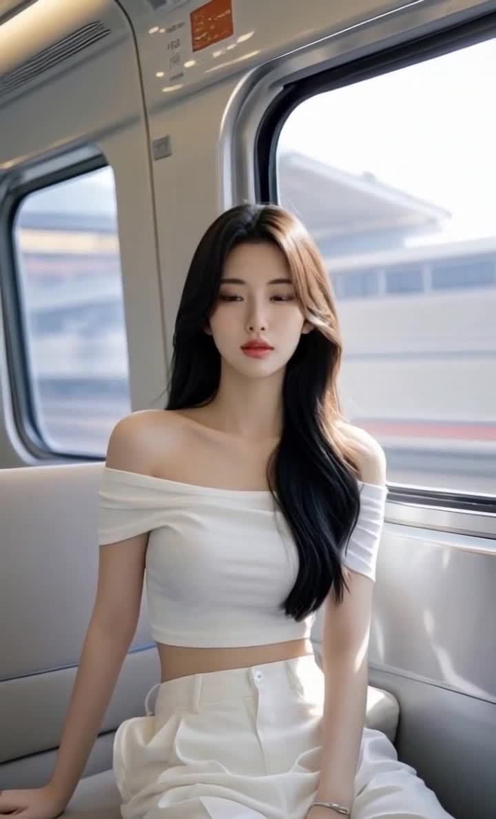 高铁上的美丽女子凝视镜头，白色衣裤展现优雅。
