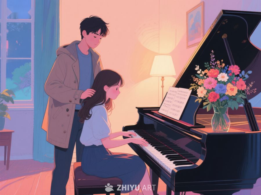 温馨室内，钢琴旁的二人时光 795