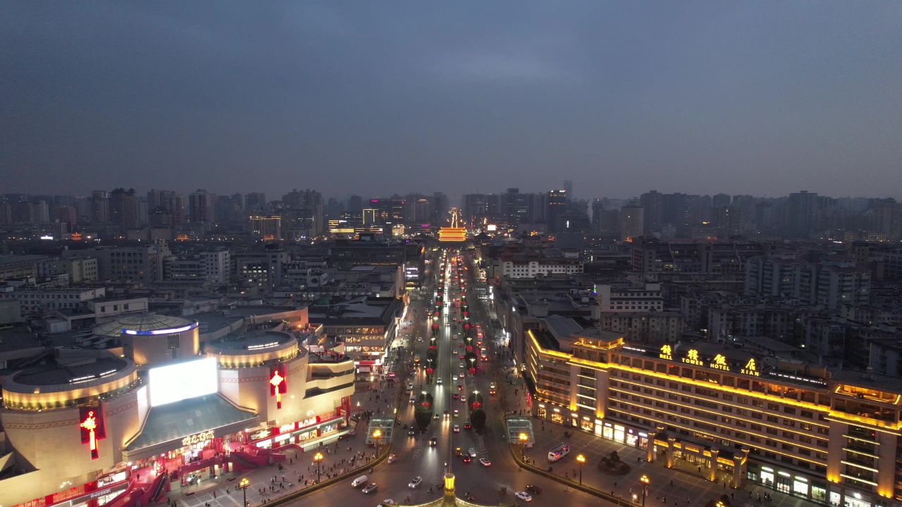 陕西西安钟楼夜景航拍