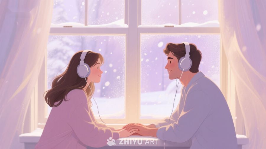 窗边聆听，雪景中的温馨对话 83