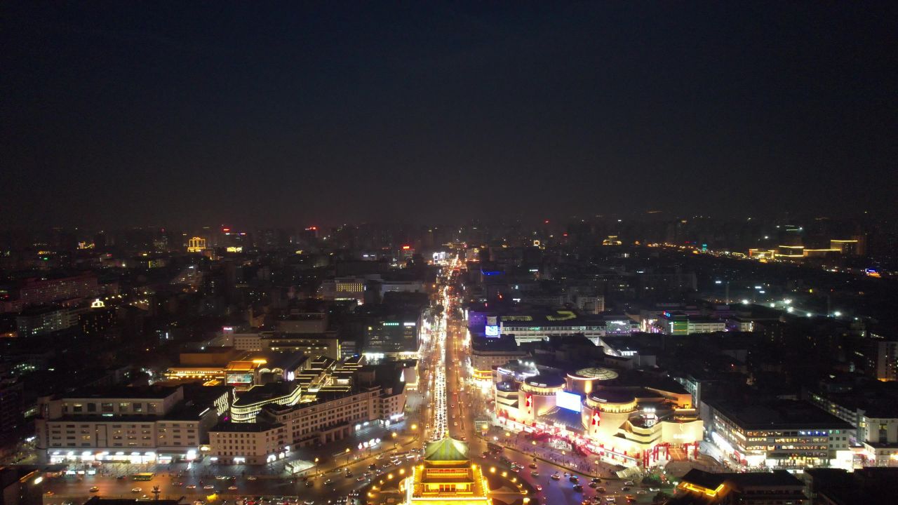 陕西西安钟楼夜景航拍