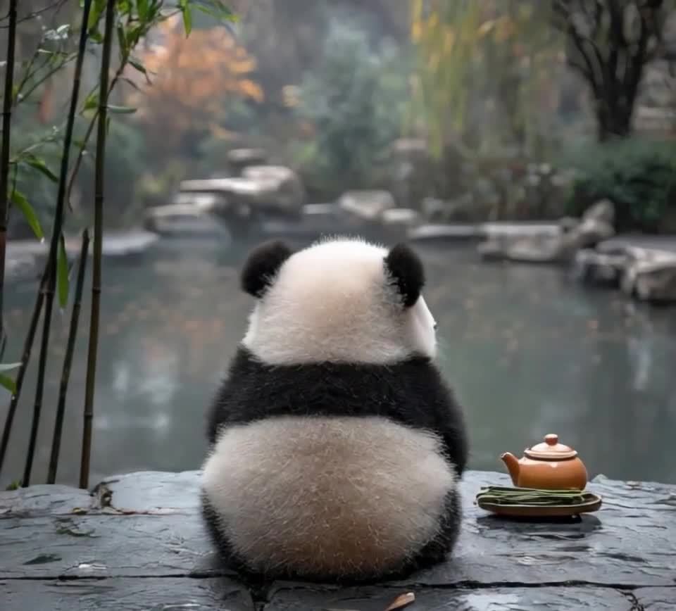 一只熊猫幼崽背对着镜头，坐在石头地面上。熊猫的右侧