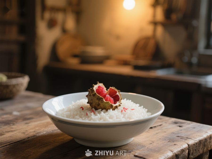 白米饭上点缀石榴籽的温馨场景 7