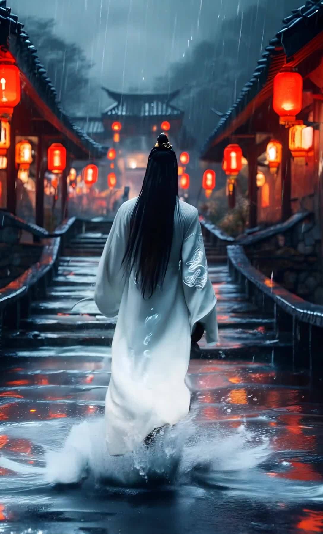 雨夜长袍行人，桥上红灯笼，水面映灯光。