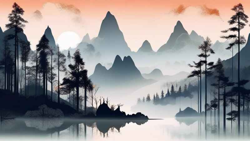国风水彩画山水风景插画 47