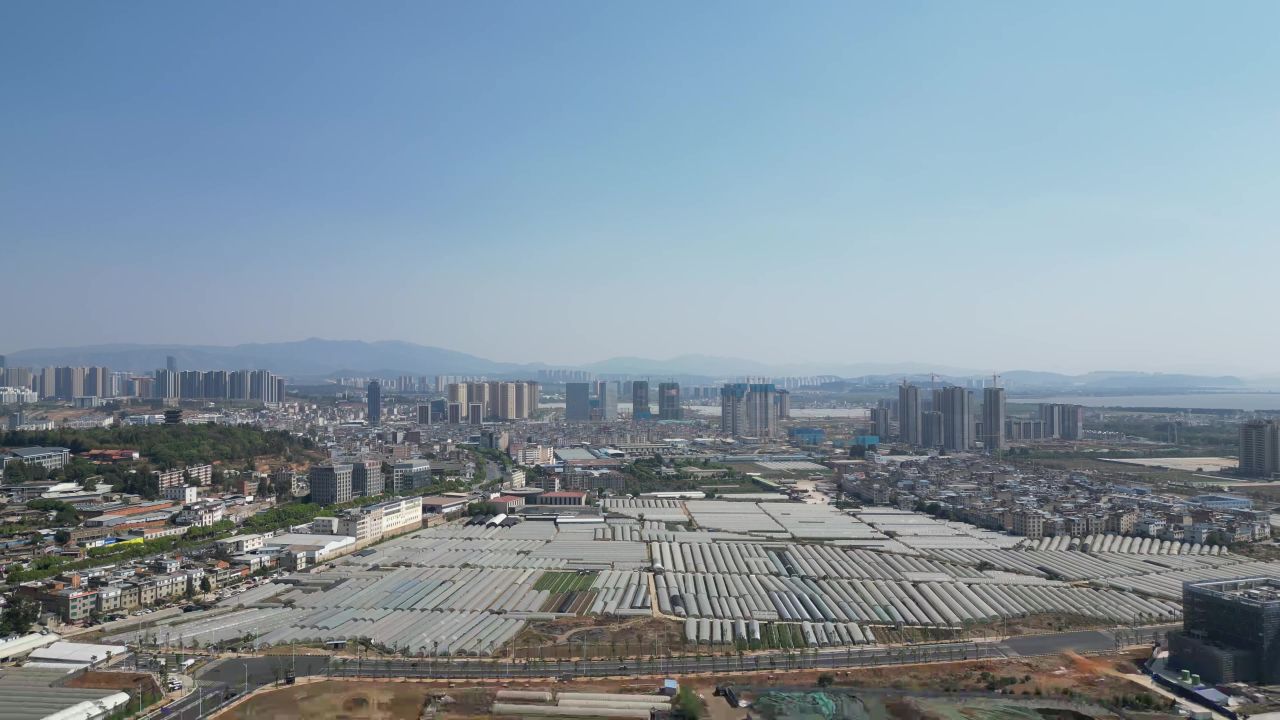 云南昆明鲜花大棚种植航拍