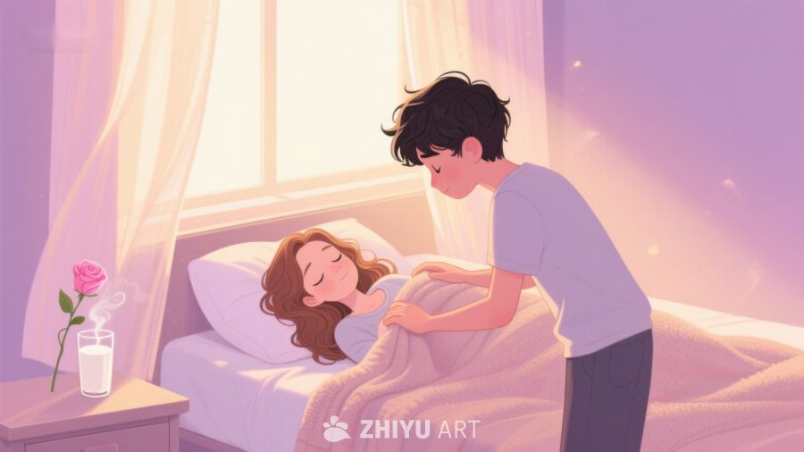 温馨晨光中，男子轻抚熟睡女子 365