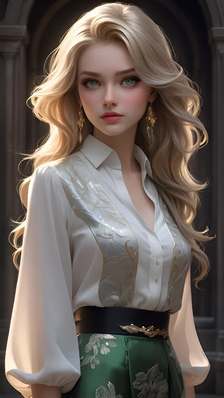 一位有着金色长波浪卷发的女性，穿着白色衬衫和绿色裙
