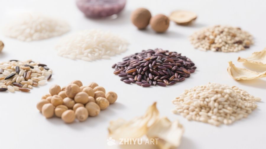 多样谷物与豆类的静物展示