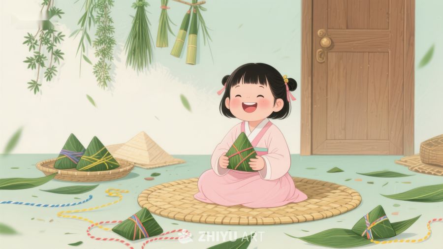 小女孩开心包粽子，端午节温馨场景 395