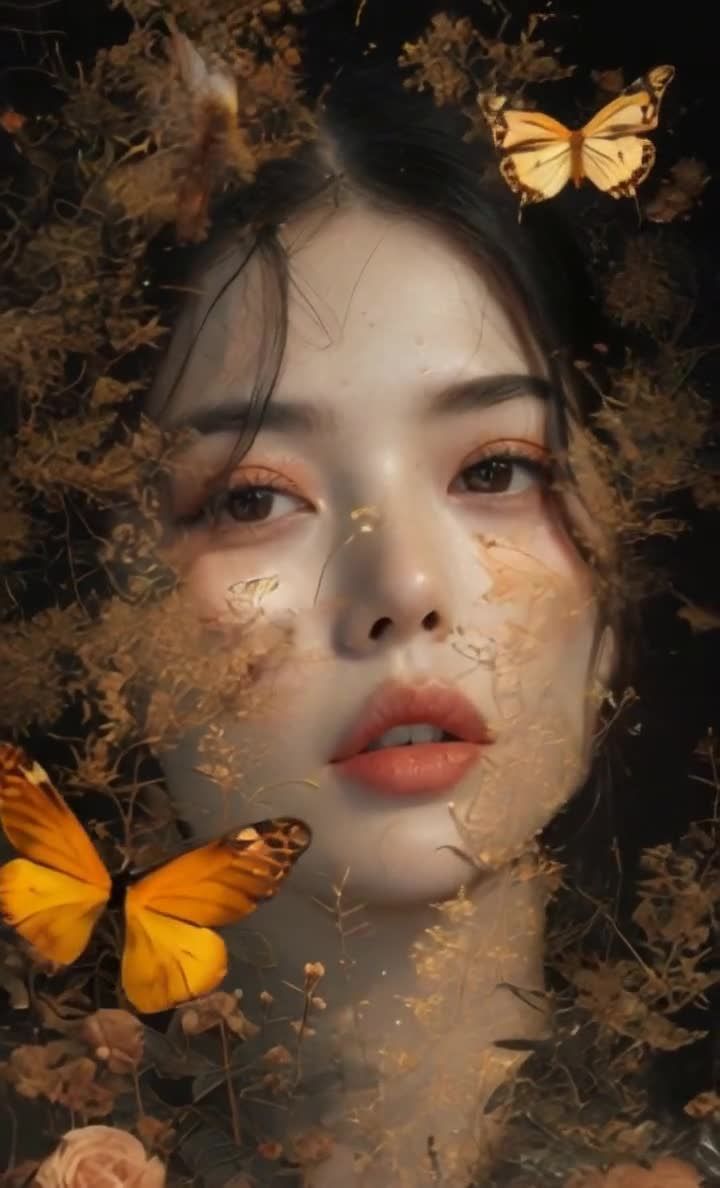 女人面部特写，金色花草与蝴蝶的优雅构图。