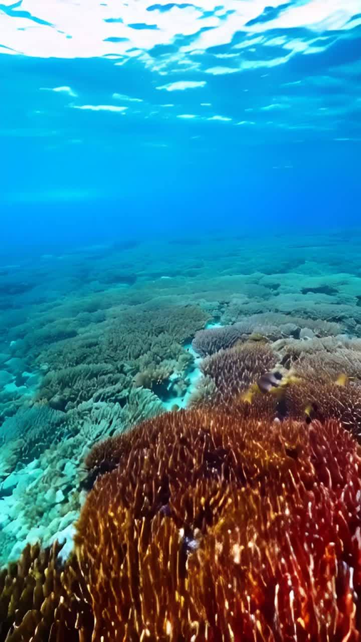 水下珊瑚礁景观，多种多样的鱼类在水下游动。