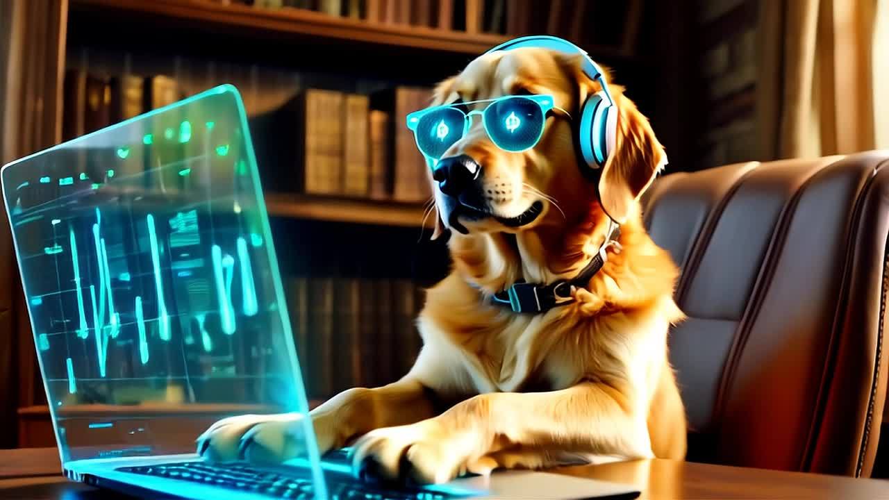 一只金色的拉布拉多犬坐在毛绒绒的办公椅上，戴着带有
