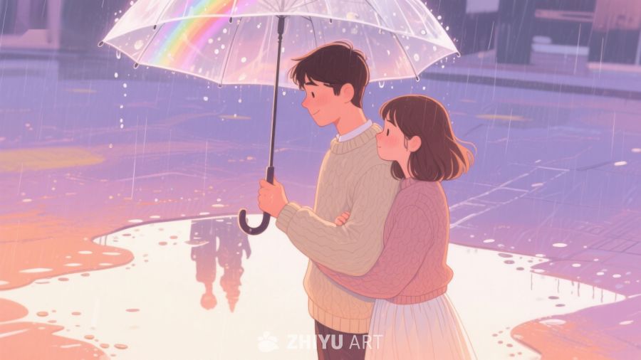 雨中情侣共撑彩虹伞 658