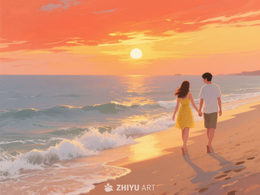 情侣海滩漫步夕阳 543