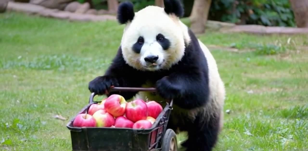 熊猫推着满载苹果的推车
