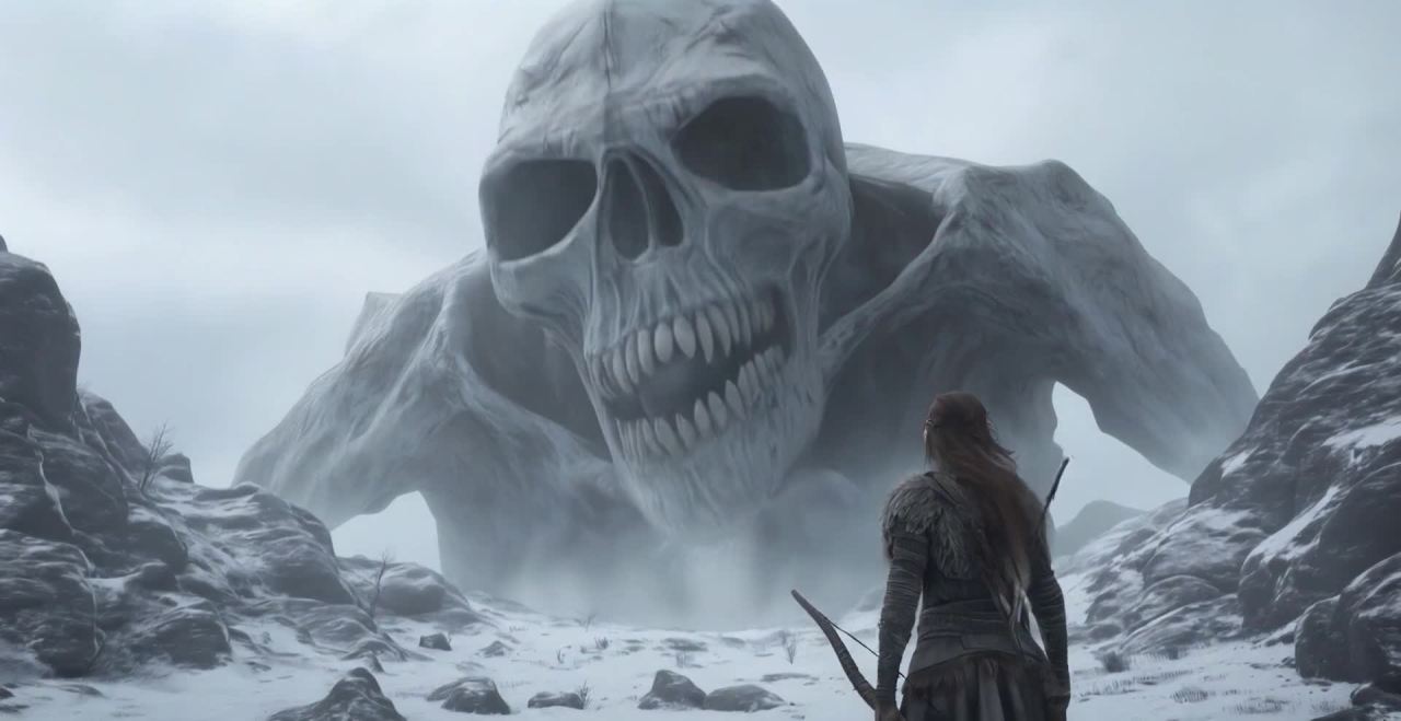 弓箭手雪地对峙巨型骷髅生物
