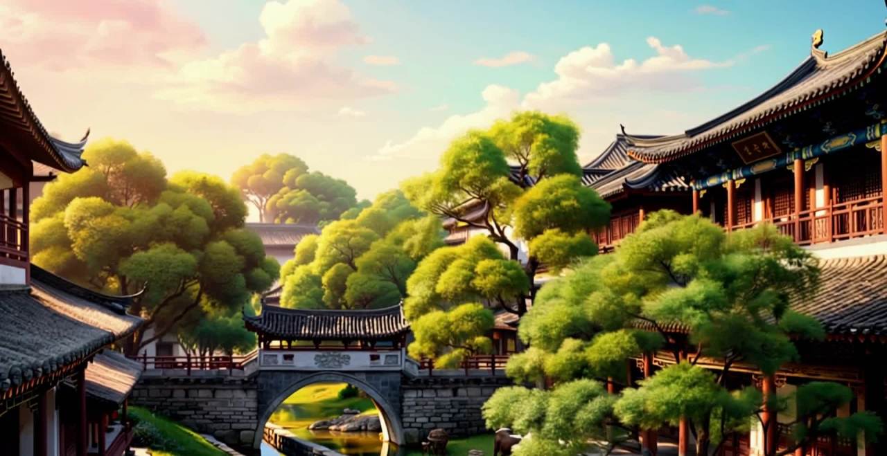 古风庭院，飞檐翘角，粉蓝色天空映衬美景