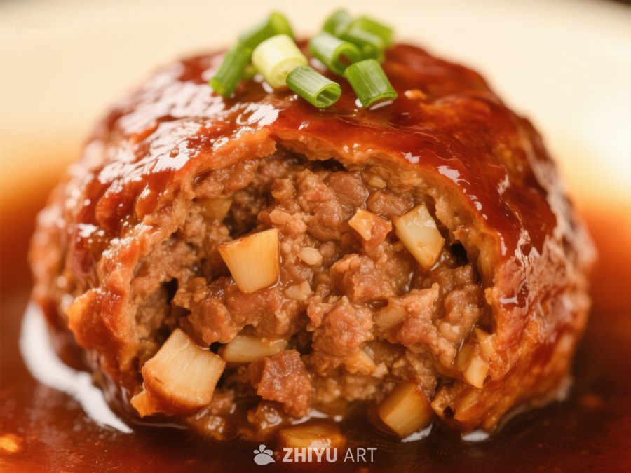 酱汁肉丸特写，点缀葱花 304