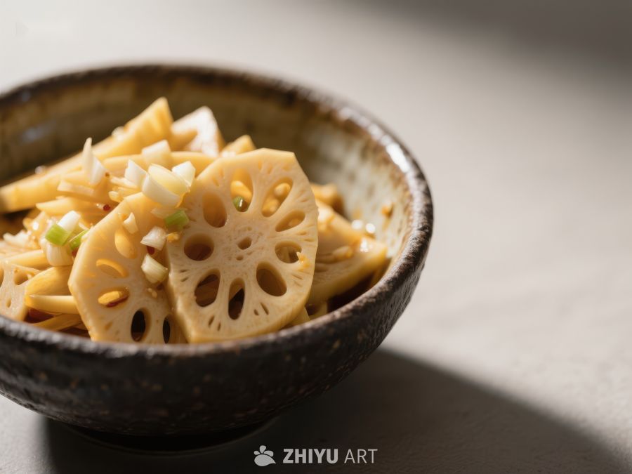 莲藕片拌菜，盛于陶瓷碗中 802