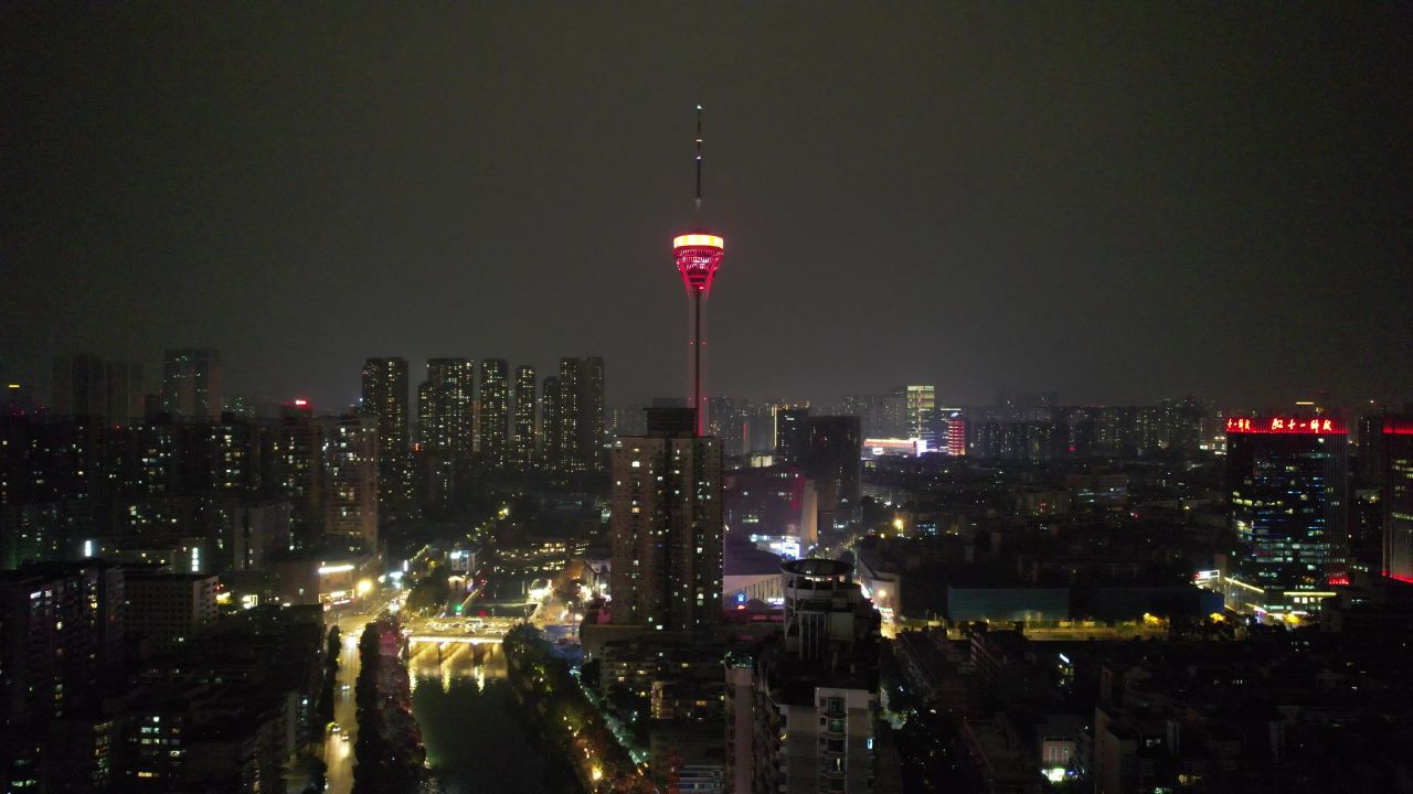 四川成都天府熊猫塔夜景灯光航拍 