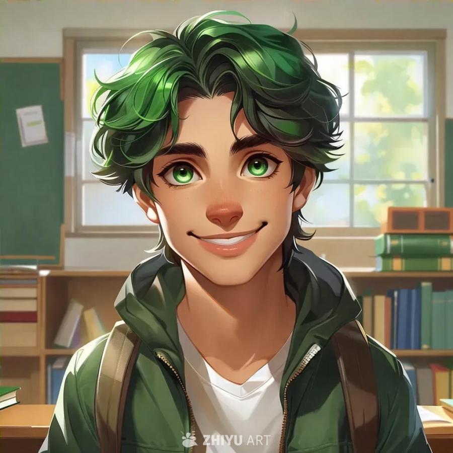 一个面带微笑的男孩，他有绿色的眼睛和中等长度的头发